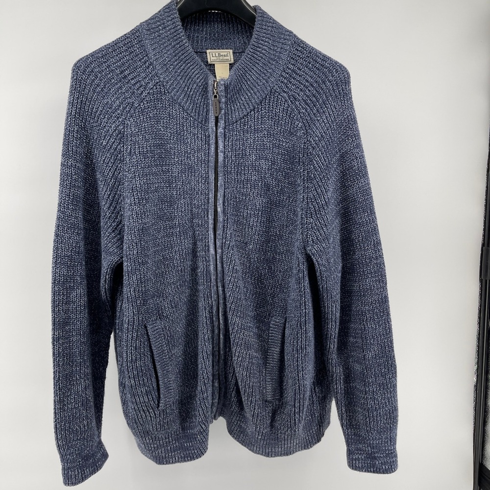 LLBean Waffle Knit‎ Full Zip Sweater Jacket Men's Lg Reg. Blue Cardigan Cotton